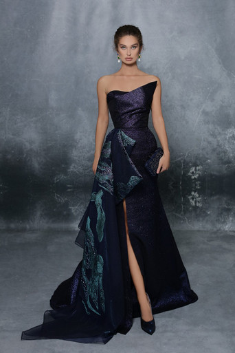 Tarik Ediz Strapless High Slit Jacquard ...